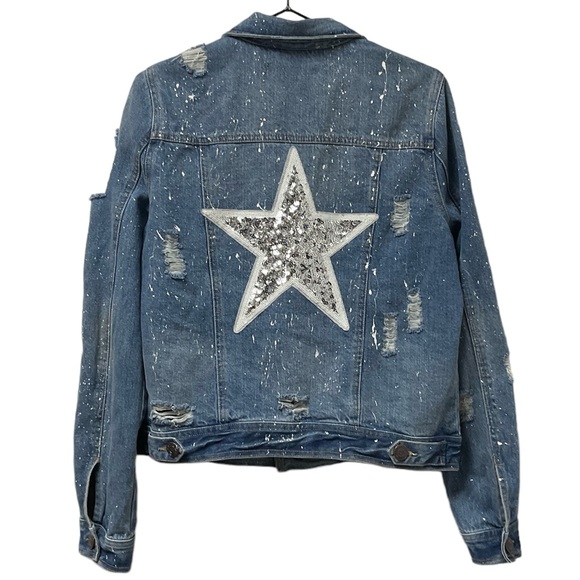 🔥Sojara Blingy Sequin Silver Stars Distressed Brass Button Jean Jacket! - Picture 2 of 6